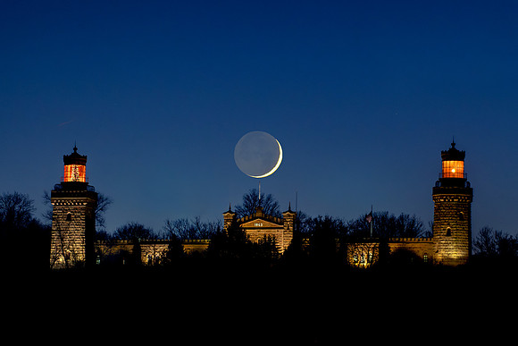 Crescent Moon Setting over Twin Lights