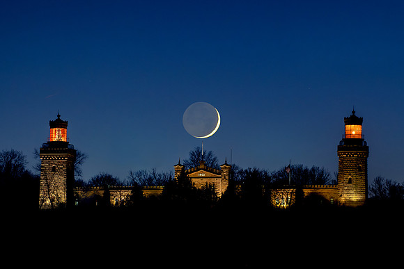 Crescent Moon Setting over Twin Lights