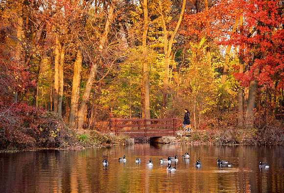 Woman walking across bridge at Big Bend Lake , Rahway River Parkway, in Cranford near Osceola